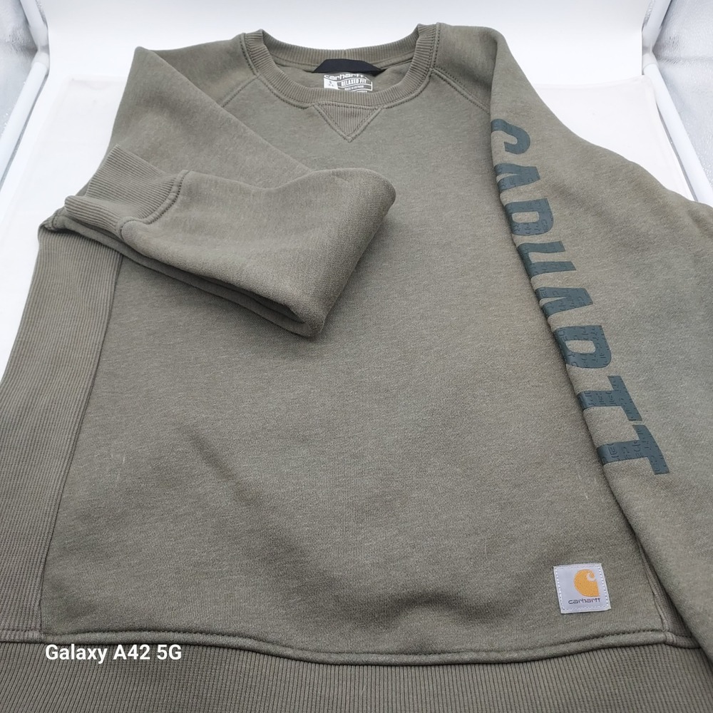 Carhartt Womens Relaxed Fit Graphic Sleeve Crewneck Sweatshirt Olive Green Small